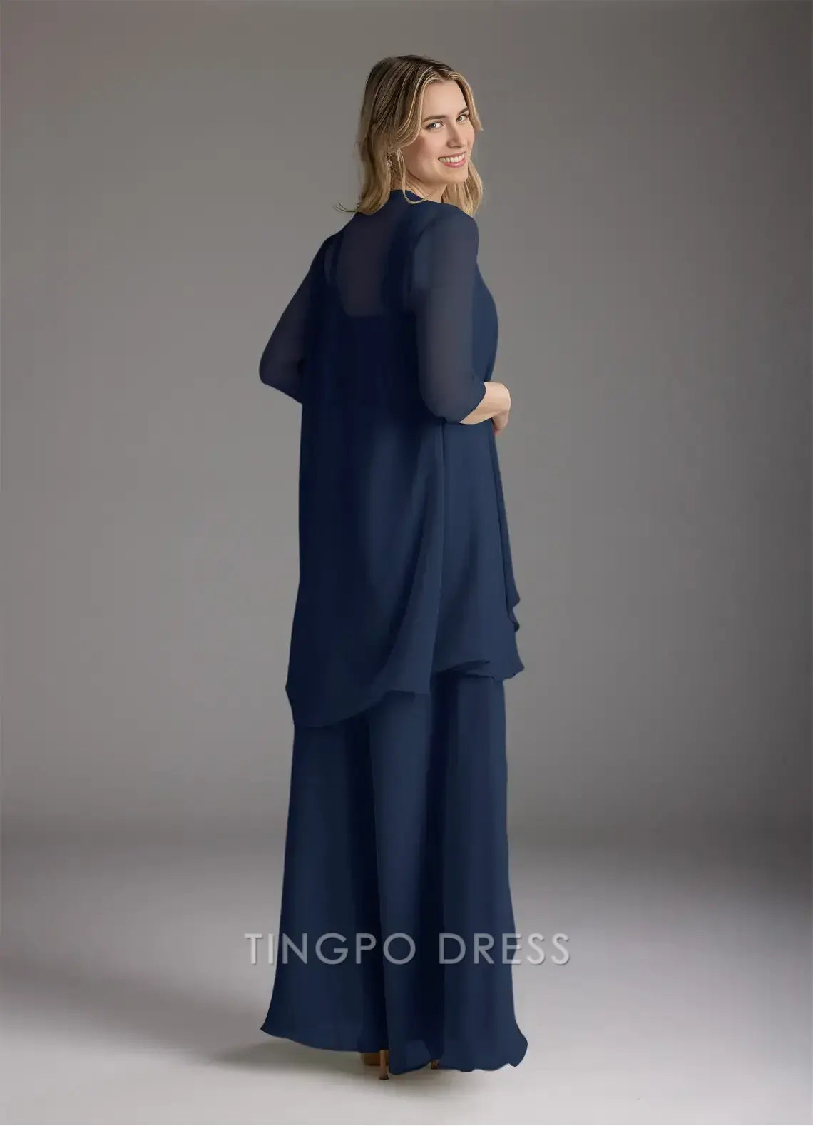 TingPo Wholesale Elegant Mother of the Bride Dresses Dark Navy A-Line Square Neckline Pleated Chiffon Dress for sale for women